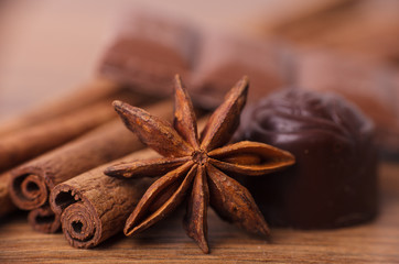 Closeup of cinnamon sticks and anise stars spices