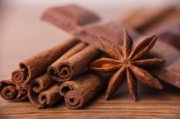 Closeup of cinnamon sticks and anise stars spices