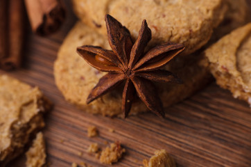 Closeup of cinnamon sticks and chocolate