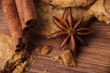 Closeup of cinnamon sticks and chocolate