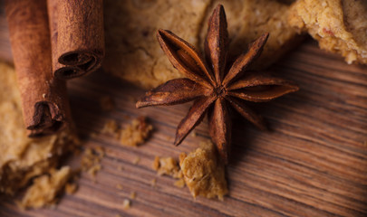 Closeup of cinnamon sticks and chocolate