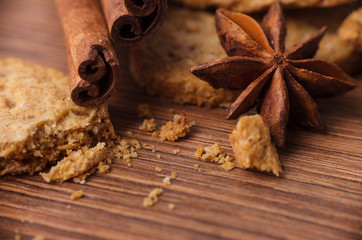Closeup of cinnamon sticks and chocolate