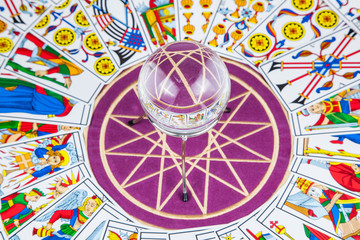 Tarot cards arranged in circle with a magic ball in the center.