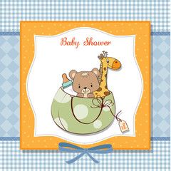 new baby announcement card with bag and same toys