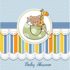 new baby announcement card with bag and same toys