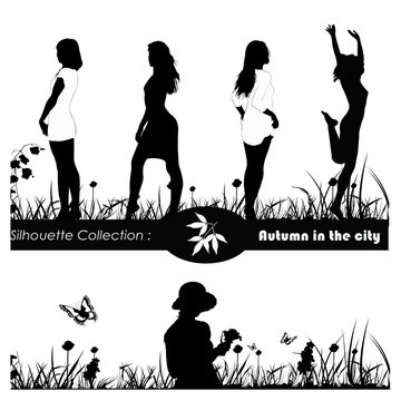 Vector illustration.Beautiful girls on meadow with butterflies