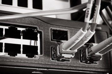 network router and cables - black and white