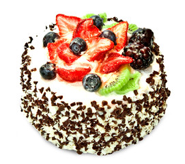 Chocolate cake isolated on white background with strawberry