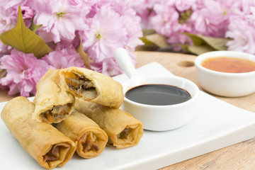 Spring Rolls - Fried duck spring rolls, soy & sweet chili sauce