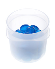 Glass beads in a plastic container