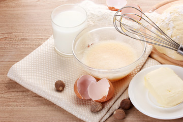 Ingredients for the dough wooden table