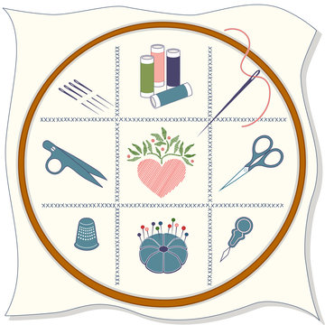 Embroidery Icons, hoop, cloth, needle, thread, heart, scissors,