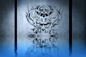 Monstrous character on blue wall reflections in the water