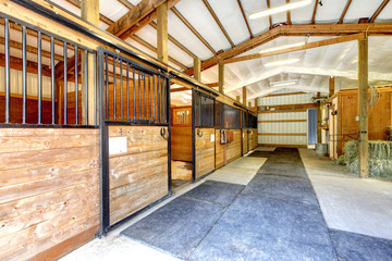 Horse farm stable shed interior.