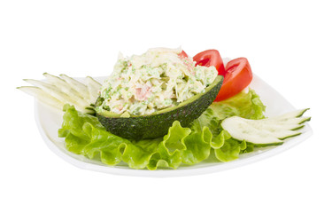 Crab meat salad with green caviar in avocado - japan cusine