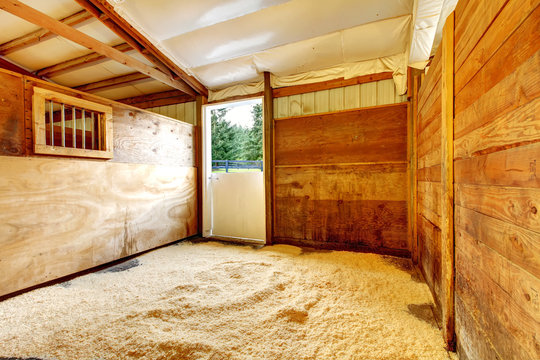 Horse farm empty stable interior.