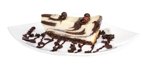 cheesecake with chocolate sauce.