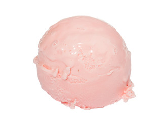 Scoop of strawberry ice cream from top on white background