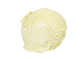 Scoop of pistachio ice cream from top on white background