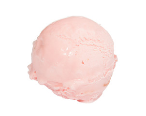 Scoop of strawberry ice cream from top on white background