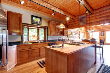 Log cabin large kitchen interior.