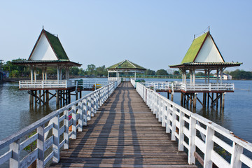Wooden gazebo in the pool.