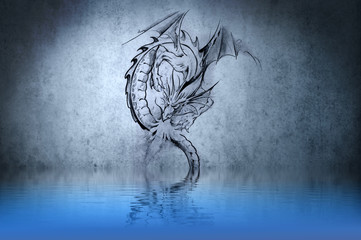 Medieval dragon tattoo on blue wall with water reflections