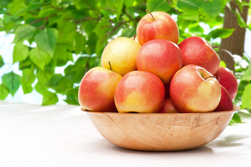 Fototapeta na wymiar Ripe juicy apples on the table in the garden