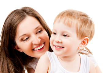 portrait of mother and child, isolated on white