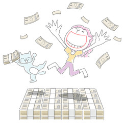 Obraz premium 大金に喜ぶ女性と猫
