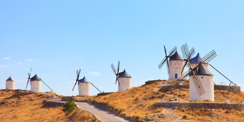 Windmills of Consuegra landmark, panorama. Castile La Mancha, Sp