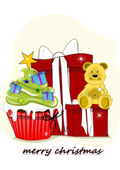 Weihnachten, Muffin mit Geschenken und Bär