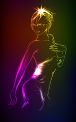 Hand-drawn fashion model from a neon. A light girl's