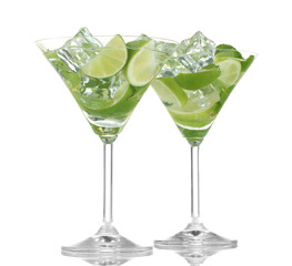 glasses of cocktail with lime and mint isolated on white