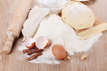 Ingredients for the dough wooden table