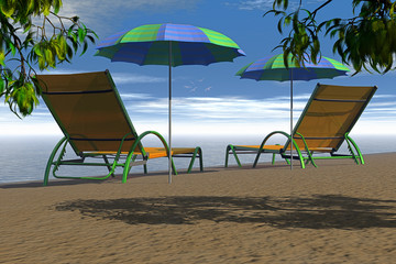 Two relax chair of beach on sand during summer.