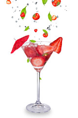 Strawberry mojito drink with falling strawberries