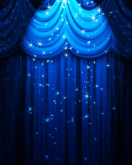 blue theatre curtain with spotlight and stars