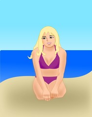 A young blond girl in a bikini on the beach.