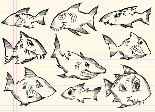 Sketch Doodle Sharks Vector Set