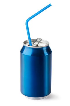 Aluminum can with the ring pull and straw