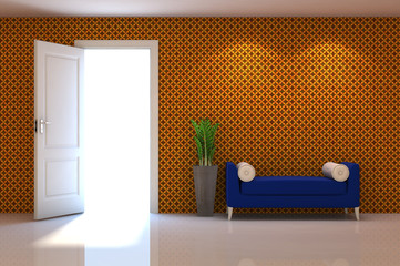 3d interior scene of a blue couch on orange classic wall © tigger11th
