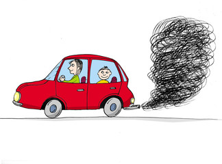 Car with smoke, cartoon