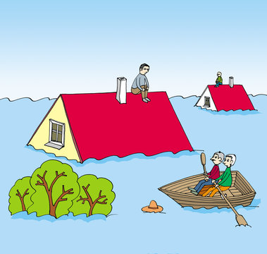 An image of a flood and mans on the roof of his flooded houses