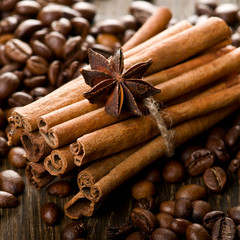 Obraz na płótnie Canvas Cinnamon, anise and coffee beans