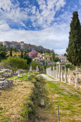 Fototapeta na wymiar Roman forum ruins, Acropolis in background, Athens, Greece