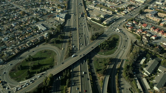 Aerial view of suburban traffic on a freeway, San Francisco, USA