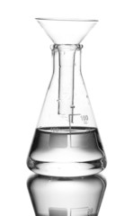 Flask with water and reflection isolated on white