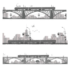 Vector illustration.Train on a bridge .City scape silhouette