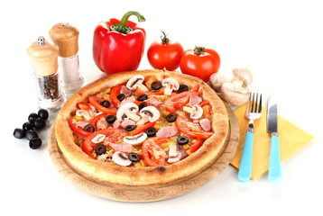 Aromatic pizza with vegetables and mushrooms isolated on white
